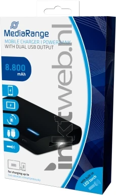 MediaRange Powerbank 8.800 mAh met dubbele USB uitgang en ingbouwde zaklamp zwart Front box