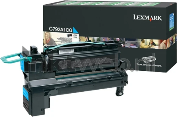Lexmark C792A1CG cyaan verpakking en toner Combined box and product