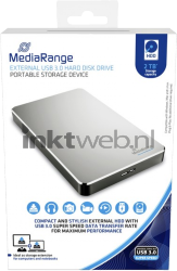 MediaRange Externe harde schijf 2TB, USB 3.0 zilver Front box