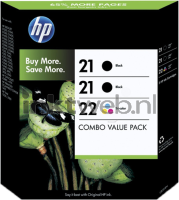 HP 21/21/22 3-pack (Opruiming 3 x 1-pack (los) zwart en kleur
